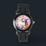 Montre Girls mignonne Magical Rainbow Unicorn et nom Enfa<br><div class="desc">Cette montre pour enfants mignonne et girly présente une adorable licorne arc-en-ciel peinte à la main sur un arrière - plan rose. Ce joli design coloré dispose également d'un endroit où vous pouvez ajouter le nom de votre fille. Avec des chiffres clairs et faciles à lire, cette "première" montre est...</div>