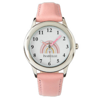 Montre Girls Pink Rainbow Pastel Nom de coeur Boho
