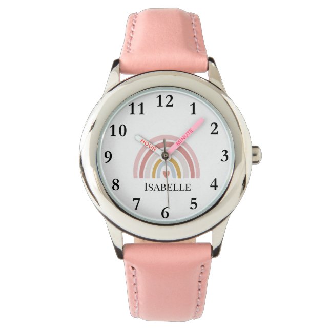 Montre Girls Pink Rainbow Pastel Nom de coeur Boho (devant)