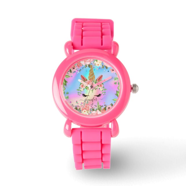 Montre Girly Rainbow Unicorn Nom personnalisé Cute Kid's (Recto)