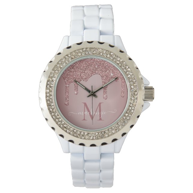 Montre Girly Rose Gold Sparkle Glitter Drips monogram (devant)