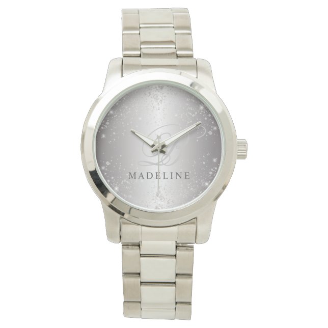 Montre Glam Metallic Silver Parties scintillant Nom perso (devant)