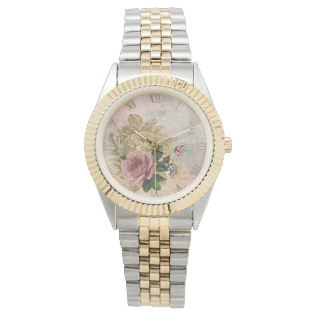 Montre Glam Steampunk | Rose rose et or Rustique Floral (devant)