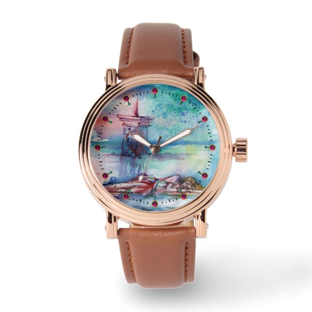 Montre GNOMON ET DAME DU LAC Aquarelle bleu rose (Recto)
