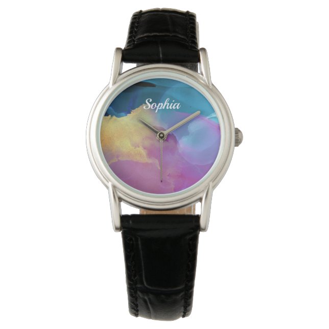 Montre Gold Blue Purple Agate tendance, Nommez votre Art/ (devant)