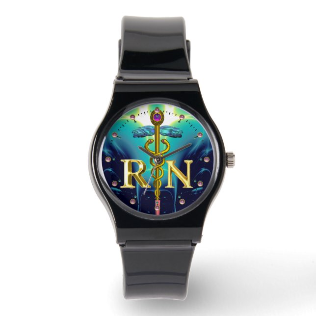 Montre GOLD CADUCEUS SYMBOLE INFIRMIER INSCRIT Aqua Blue (Recto)