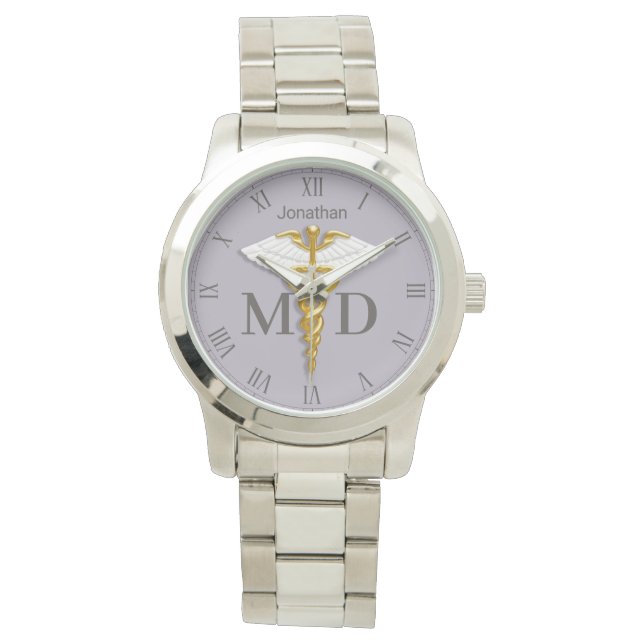 Montre Gold Caduceus White Wings Nom Docteur Médicale MD (devant)