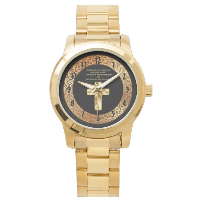 Montre Gold Christian Crucifix Cross avec un dicton drôle (devant)