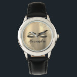 Montre Gold Glitter Sparkle Eyelashes Monogram<br><div class="desc">Gold Faux Foil Metallic Sparkle Parties scintillant brossé Monogramme en métal Nom et cils initiaux (Lashes), Extensions Eyelash et Montre de maquillage des yeux. Cela rend le cadeau parfait pour 16 ans, mariage, douche nuptiale, anniversaire, baby shower ou bachelorette cadeau pour quelqu'un décorant sa chambre dans le style cool de...</div>