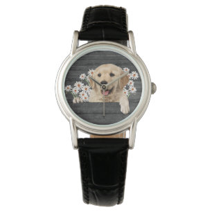 Montre Golden Retriever avec marguerites sur bois