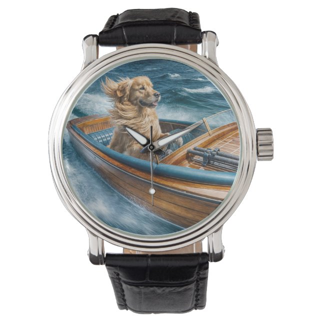 Montre Golden Retriever conduisant un bateau en bois Vint (devant)