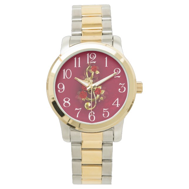 Montre Golden Treble Clef avec fleurs Roses (devant)