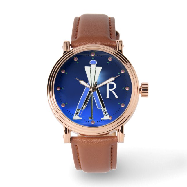 MONTRE GOLFER BLEU BLANC STYLISÉ, MONOGRAMME DE JOUEUR DE (Recto)