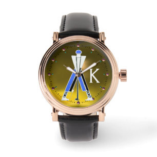 MONTRE GOLFER BLEU JAUNE STYLISÉ, MONOGRAMME DE JOUEUR DE