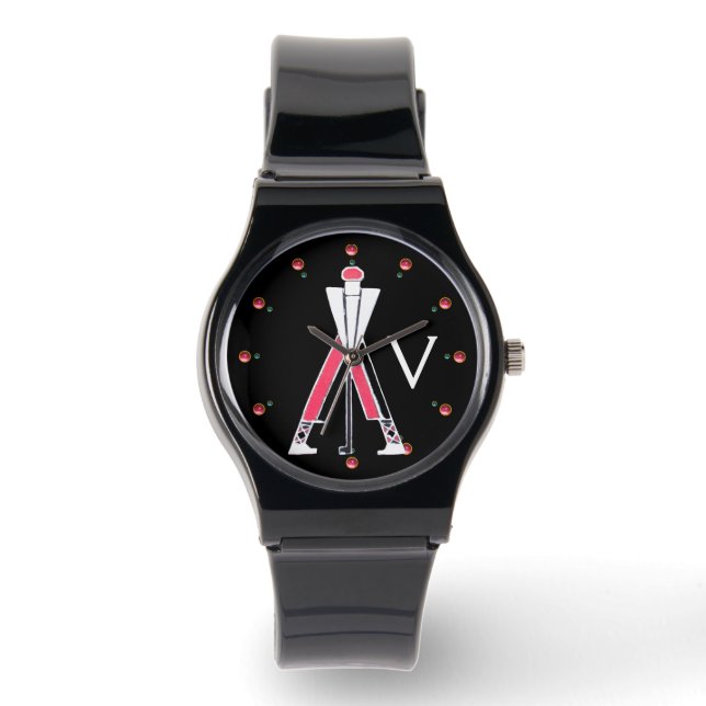MONTRE GOLFER ROUGE STYLISÉ, MONOGRAMME DE JOUEUR DE GOLF (Recto)