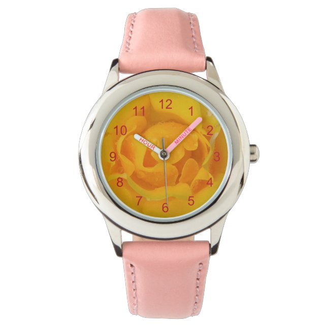 Montre Gouttes d'eau de rose jaune romantique (devant)
