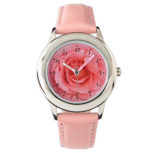 Montre Gouttes d'eau de rose rose romantique (devant)