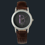 Montre Grand monogramme et nom, Lavande/Texte blanc, noir<br><div class="desc">Personnalisez ce design de texte simple et élégant avec votre nom en blanc et votre grand monogramme en lavande sur arrière - plan noir. Cliquez sur "Edit Using Design Tool" pour modifier les couleurs et les styles de type.</div>