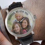Montre Grand-père vous aime à la lune et le dos Regarder<br><div class="desc">Montre photo personnalisée - parfait pour grand-annonce - mais vous êtes invités à customiser le texte comme vous le souhaitez. Téléchargez votre photo préférée et elle sera affichée avec une bordure semi-opaque, comme base de la typographie. Le libellé actuel dit "Grand-père, nous vous aimons à la lune et au retour"...</div>