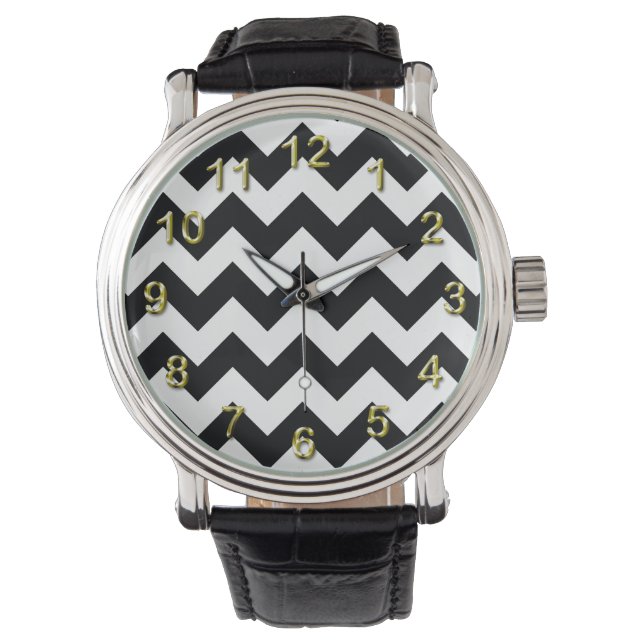 Montre Gras noir et blanc Chevron Zig Zag Motif (devant)