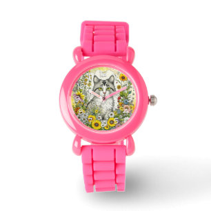 Montre Gray Kitty Chat assis en Fleurs
