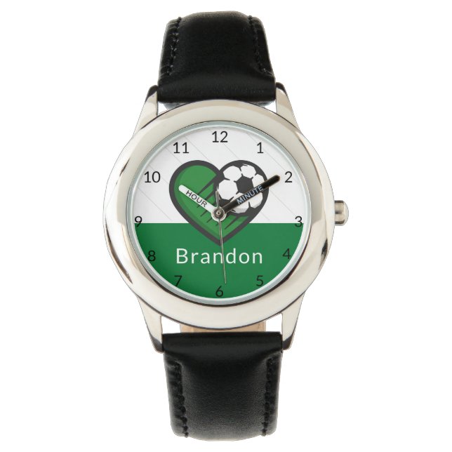 Montre Green Soccer Love Kids Joueurs Nom et balle rayé (devant)