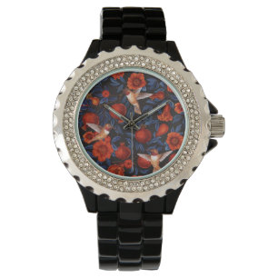 Montre Grenade et colibris/feuilles bleus sur noir