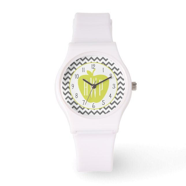 Montre Grey Chevron Et Neon Apple Monogram Enseignant (Recto)