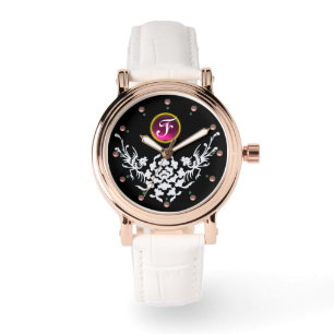 MONTRE GRIFFINS BLANC NOIR ET FLEURS GÉM MONOGRAM