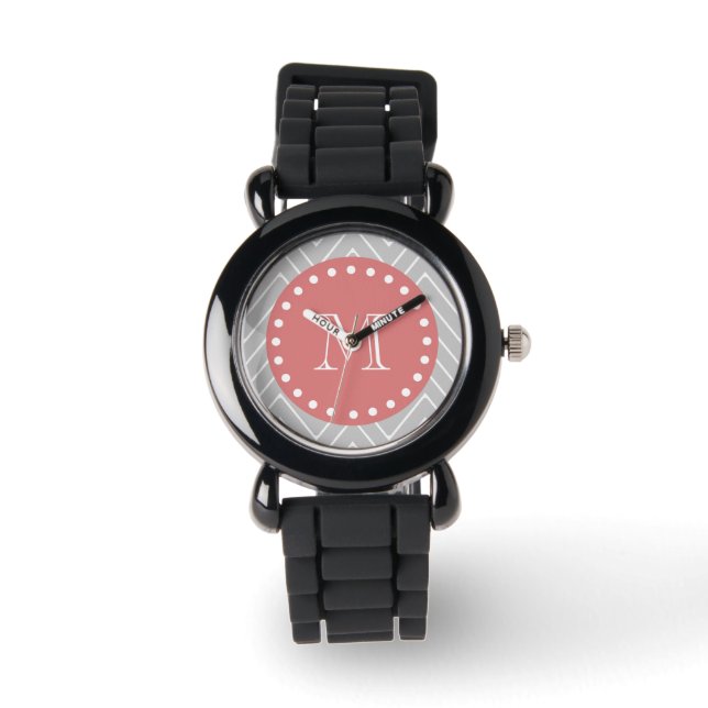 Montre Gris et pêche moderne Chevron personnalisé Monogra (Recto)
