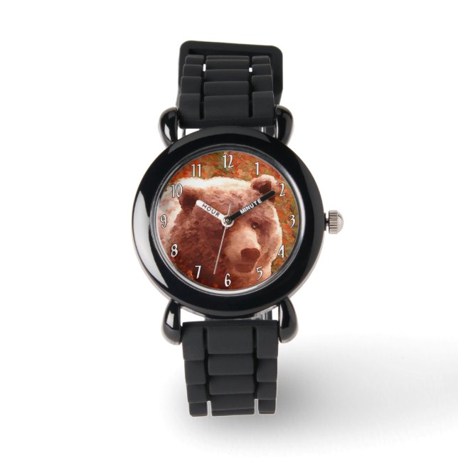 Montre Grizzly Bear Cub dans Fireweed Peinture Art de la  (Recto)