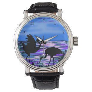 Montre Grues Oiseau Couple Blue Watch - Lac Sunset