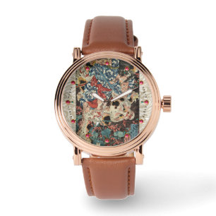 Montre GUERRIÈRE JAPONAISE TUANT UN CHAT MONSTREUX Ukiyoe