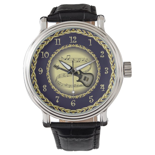Montre Guitare électrique 02 ~ Scroll musical/Or/Navy/Ble (devant)