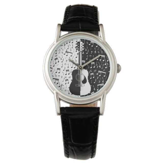 Montre Guitare moderne en noir et blanc Notes musicales D (devant)