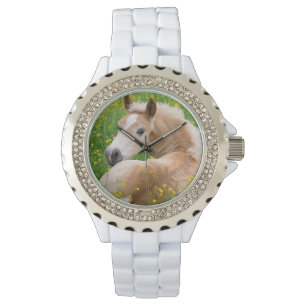 Montre Haflinger Horse Cute Fote dans un lit à fleurs pou
