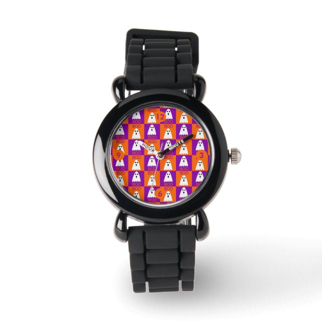Montre Halloween Boo Ghost Purple et Carrés orange (Recto)