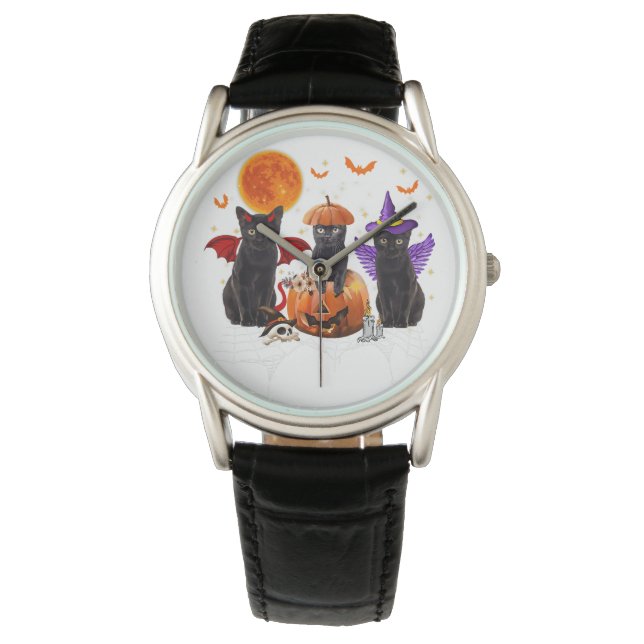 Montre Halloween Chat Noir, Chat Noir Assis Sur Citrouill (devant)