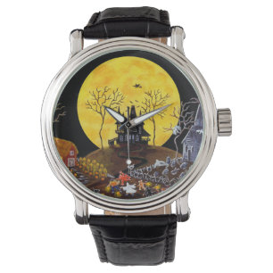 Montre Halloween, montre, fantômes, cimetière, chats,