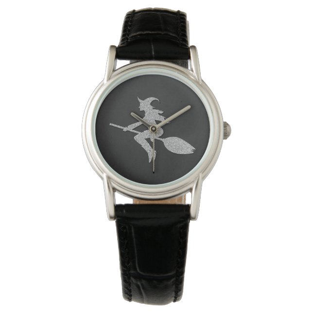 Montre Halloween sorcière volante en argent (devant)
