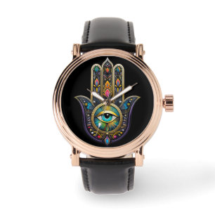 Montre Hamsa noir coloré or avec troisième œil turquoise