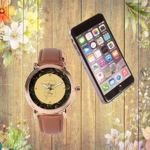 Montre Happy Fête des pères Gold Calligraphy Black Swirls