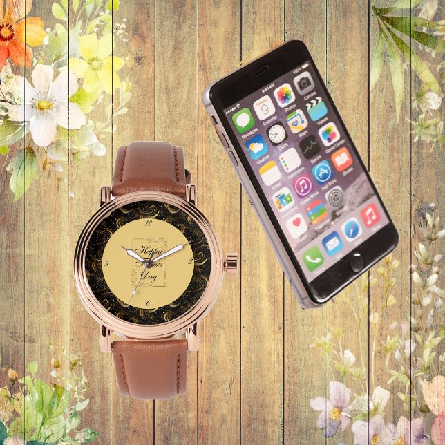 Montre Happy Fête des pères Gold Calligraphy Black Swirls (Happy Father's Day Gold Calligraphy Leafy Swirls Watch)