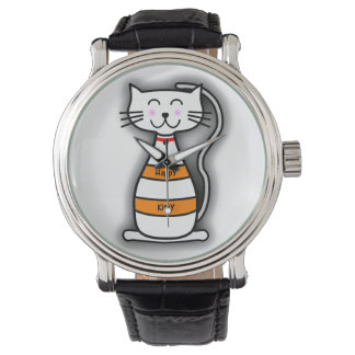 Montre Happy Kitty Vintage bracelet en cuir noir