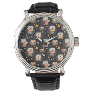 Montre Hérisson mignon avec pain et feuilles d'automne