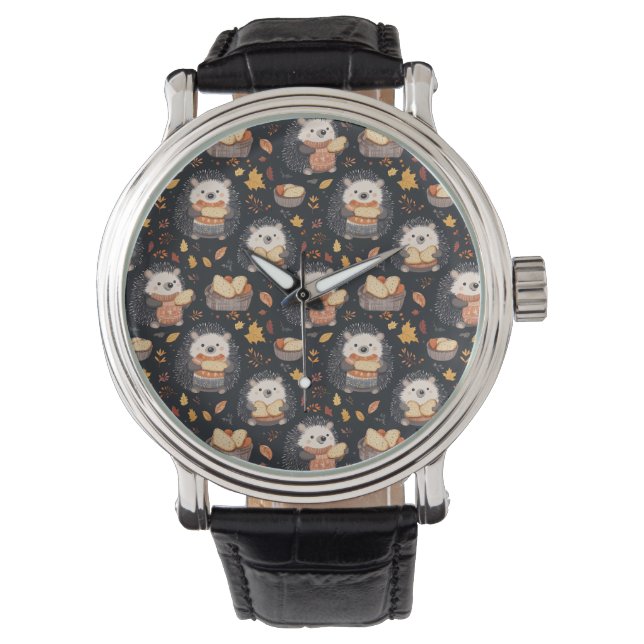 Montre Hérisson mignon avec pain et feuilles d'automne (devant)