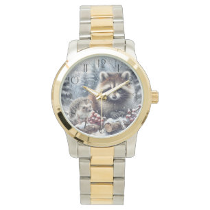 Montre Hérisson Raton Laveur Noël en Forêt en Hiver