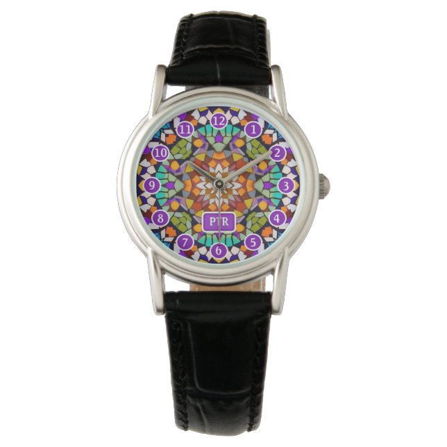 Montre Heure du carnaval - Multicolor Mosaïque & Initiale (devant)