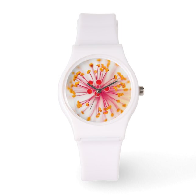 Montre Hibiscus hawaïen Veille Sportive Blanc Silicone (Recto)