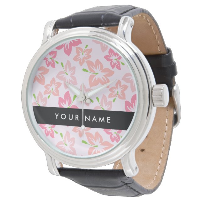 Montre Hibiscus rose, Fleurs roses, Votre nom (Incliné)
